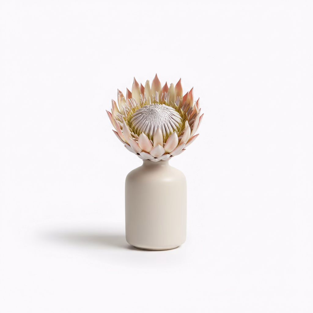 A king protea flower in a simple matte ceramic vase.